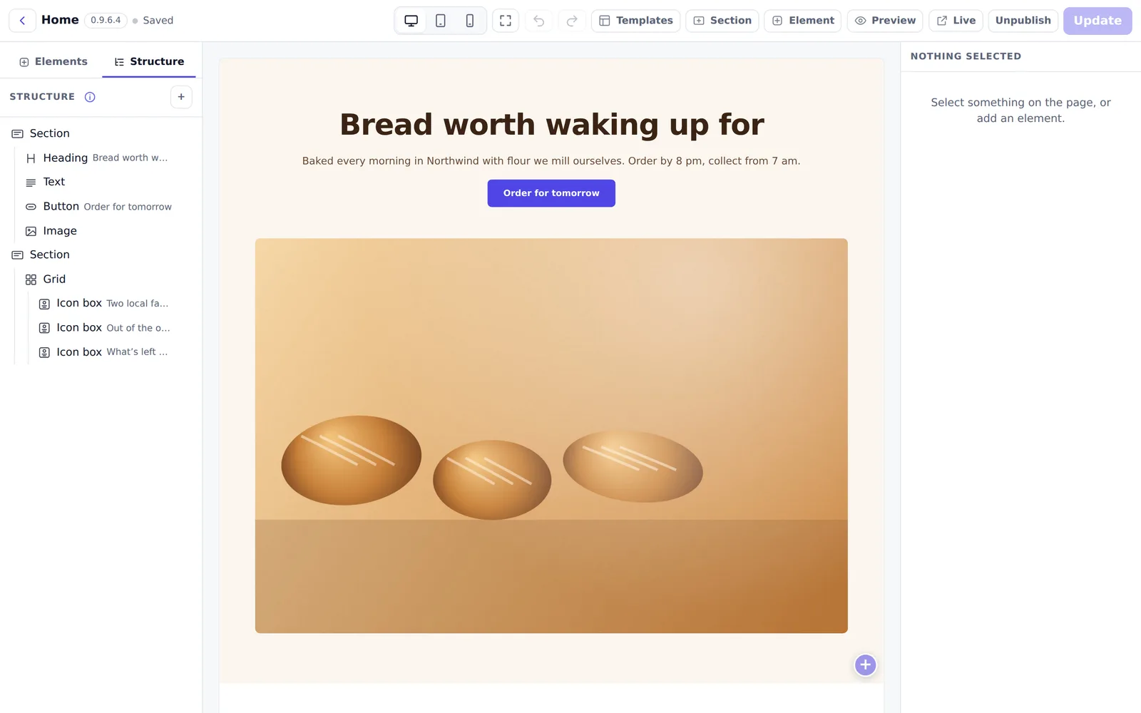 The Webfaze builder with a bakery landing page and the page structure beside it.