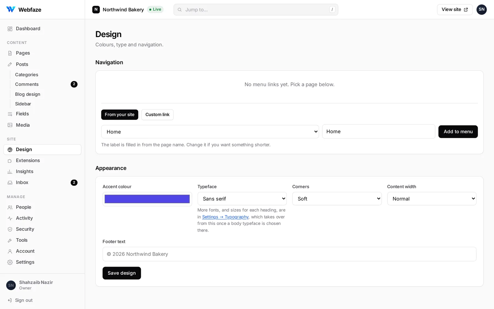 The Design screen: navigation, colours and fonts.