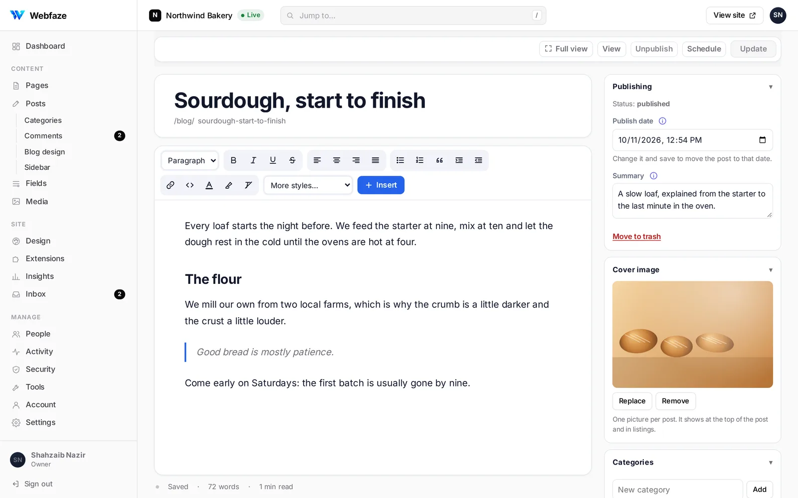 Writing a post in Webfaze, with publishing, cover image and categories beside it.