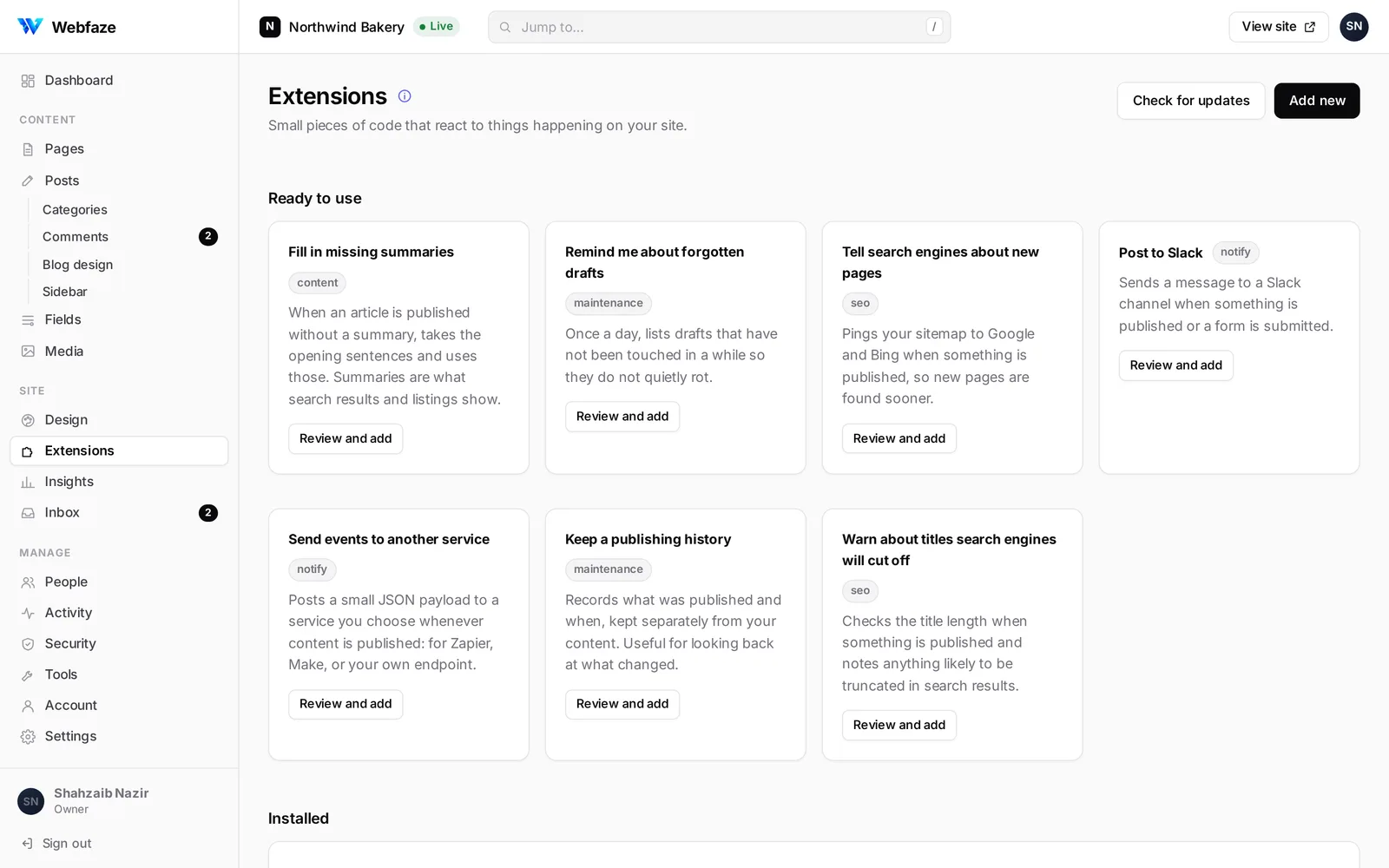 Extensions in the Webfaze Console: ready-to-use extensions with Review and add buttons.