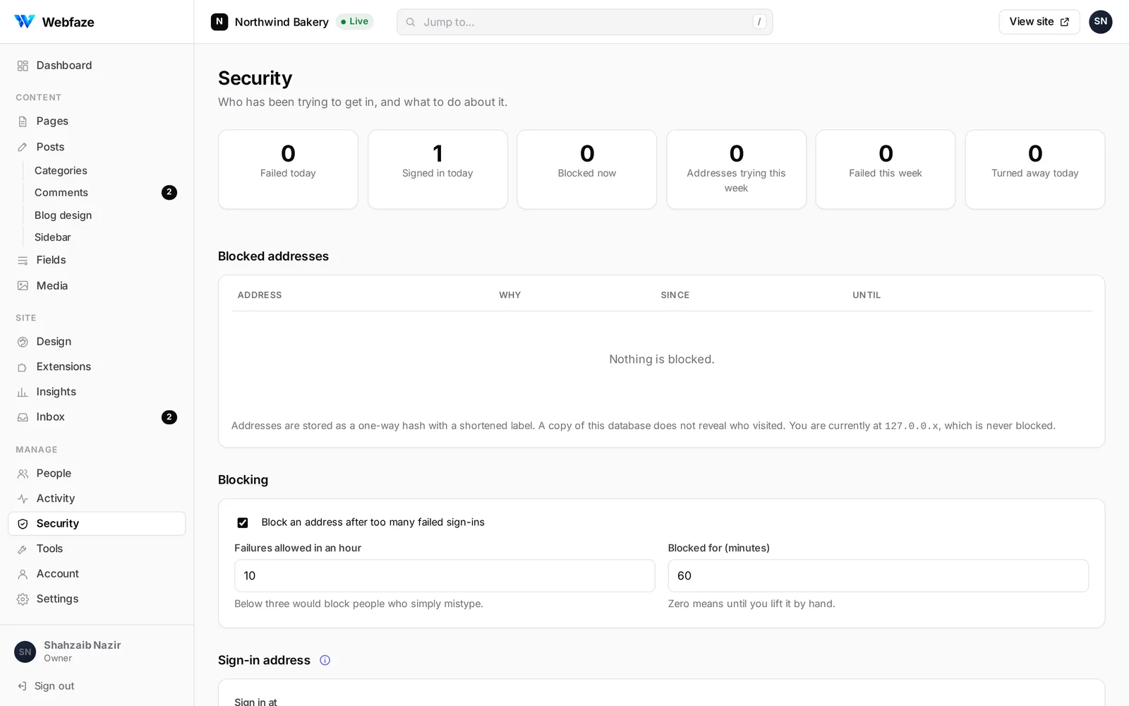 The Security screen: failed sign-ins, blocked addresses and blocking rules.