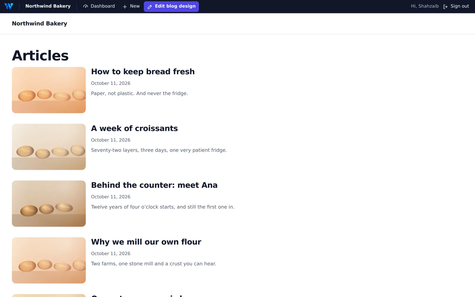 A blog made with Webfaze: post titles, dates and cover photos.